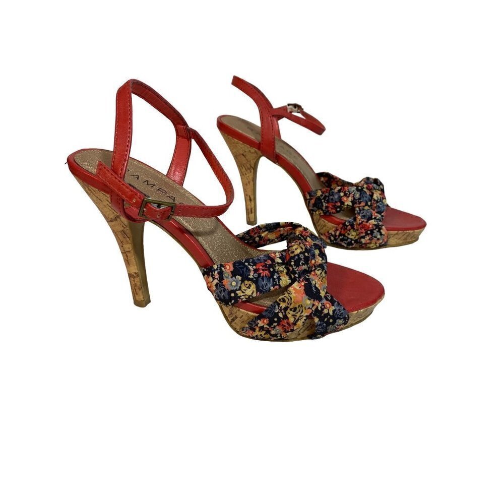 Rampage Platform Stiletto Heel Sandals Floral Fabric Cork Heels Fun Artsy 8 1/2